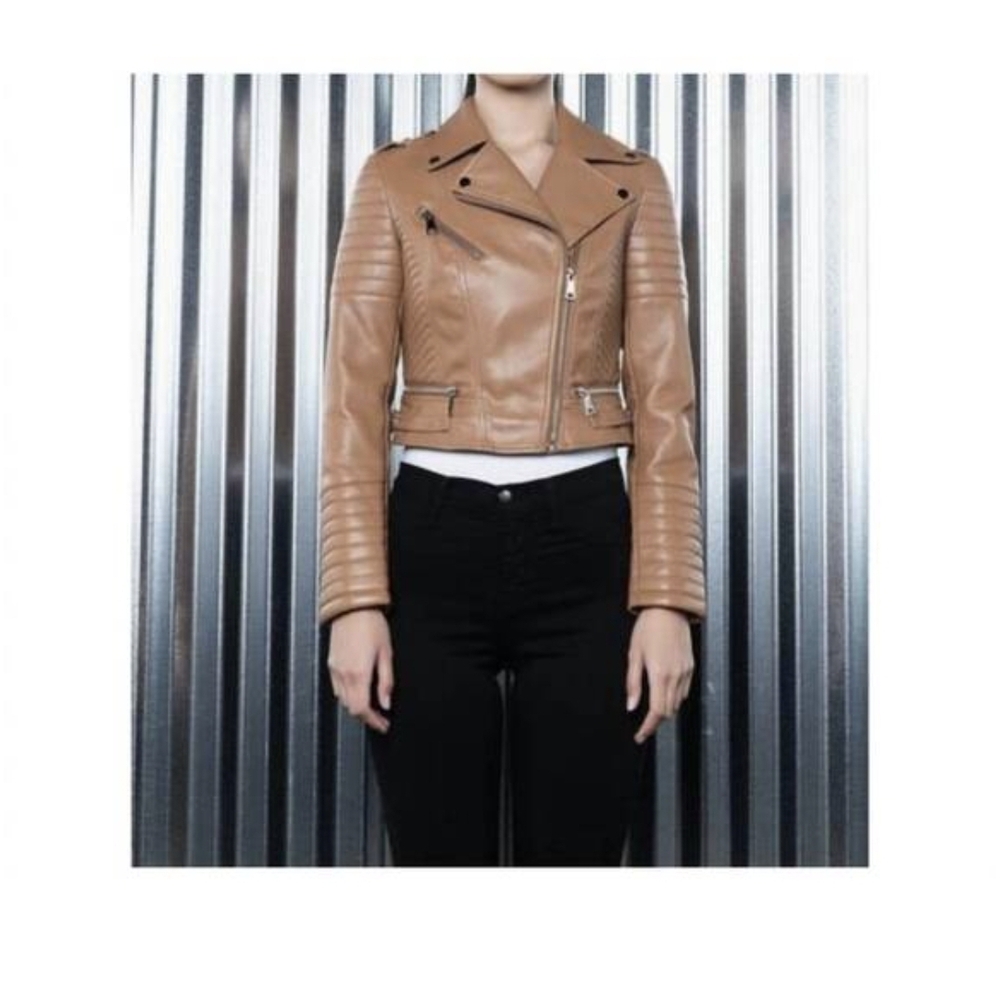 Cropped Tan Leather Moto Jacket with Quilted Sleeve Panels